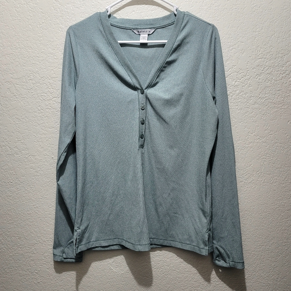 ATHLETA Uptempo Ribbed Henley Shirt Womens Large L Long Sleeve thumb holes green